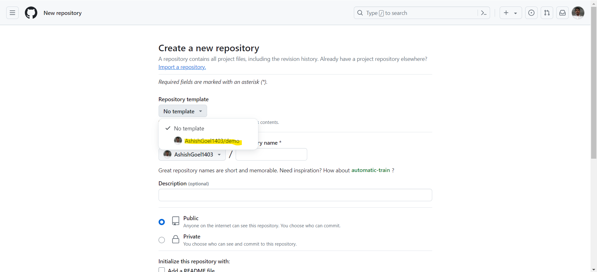 Create a new repository in Github